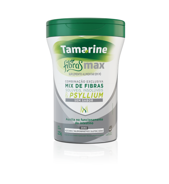 Imagem de uma mão segurando a embalagem do produto Tamarine Fibras Max Pó Solúvel