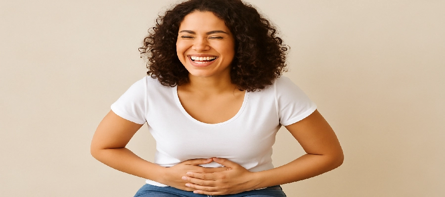Mulher jovem de cabelo cacheado castanho médio, sorrindo com alegria e com as mãos apoiadas na região da barriga, usando camiseta branca e calça jeans, sentada contra fundo bege