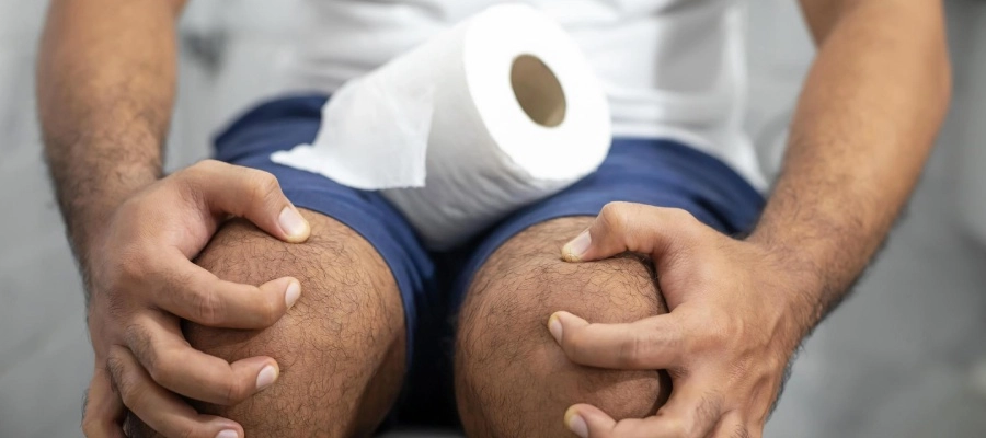 homem sentado com um rolo de papel higiênico nas pernas