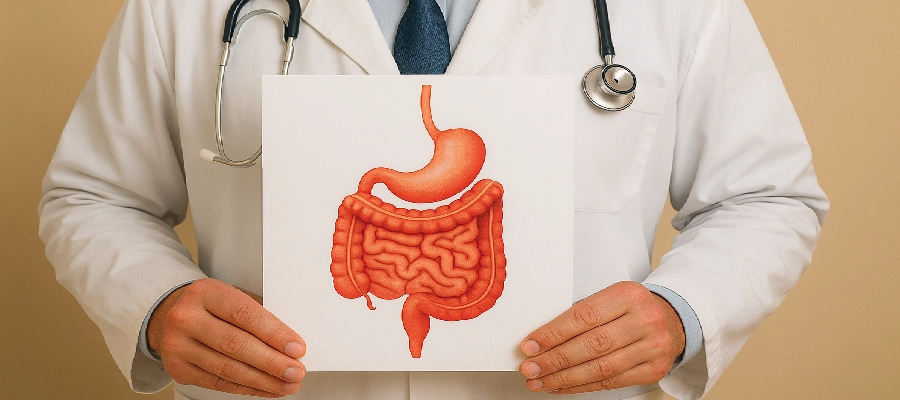 mãos de um médico segurando a imagem de um sistema digestivo
