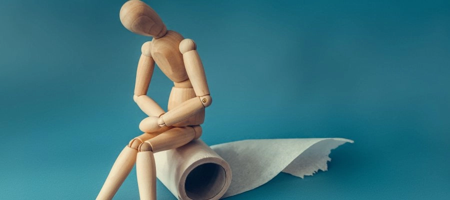 boneco de madeira sentado em um rolo de papel higiênico
