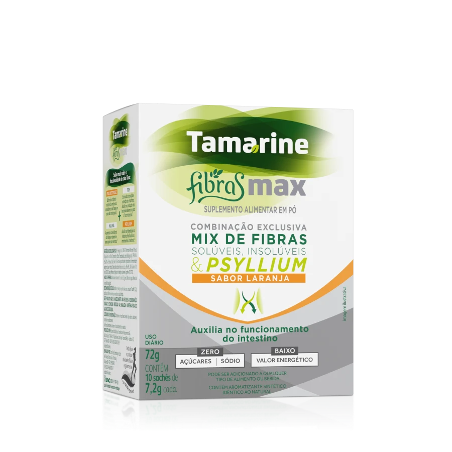 Embalagem de Tamarine Fibras Max Sabor Laranja com 10 sachês 