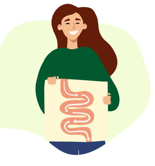 Ilustração de uma mulher segurando uma placa com o sentindo dos resíduos no intestino.