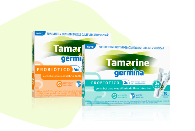 Foto da embalagem do produto Tamarine Germina, com um formato verde claro abstrato no fundo.